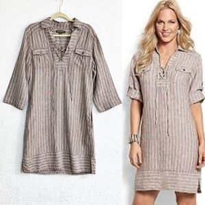 Tommy Bahama Striped Linen Lace-Up Front Shift Dress Brown Sz S